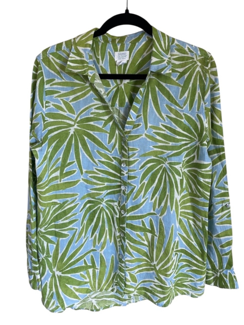 Sigrid Olsen 100% linen button-up shirt green blue topical botanical Size Large